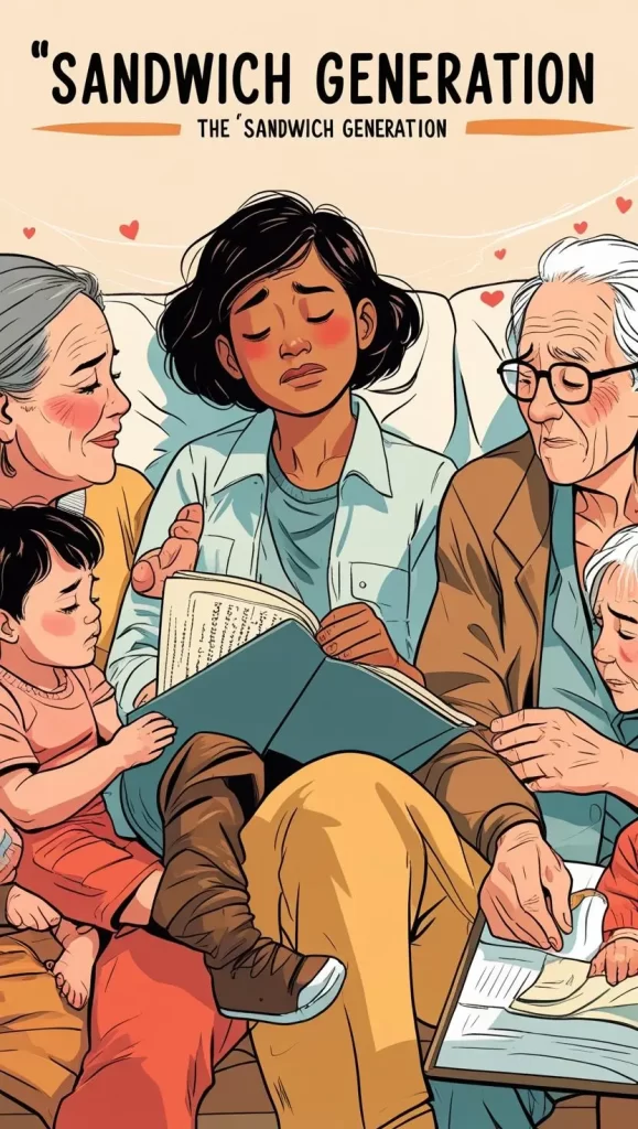 an adult caring for their children and elderly parents