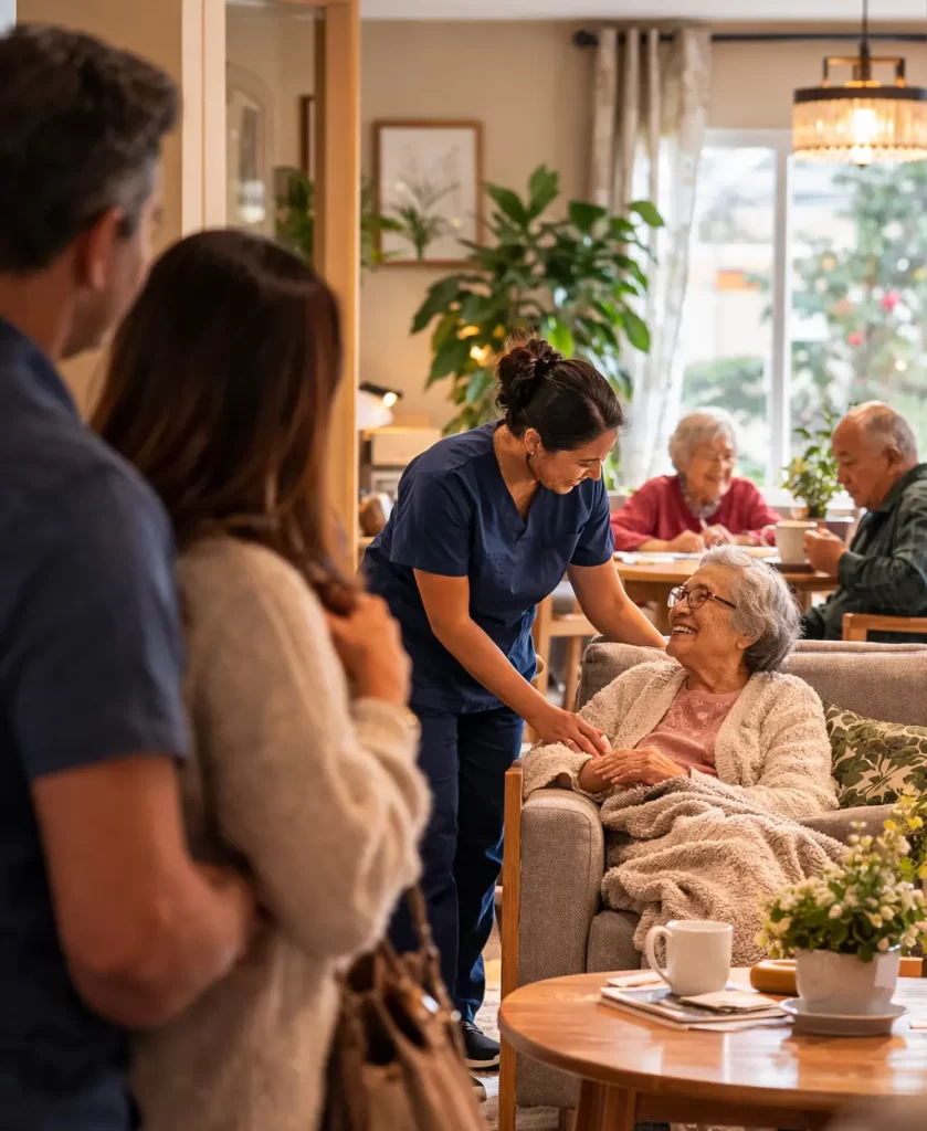 family touring a senior care facility in quitely observing caregivers and senior residents