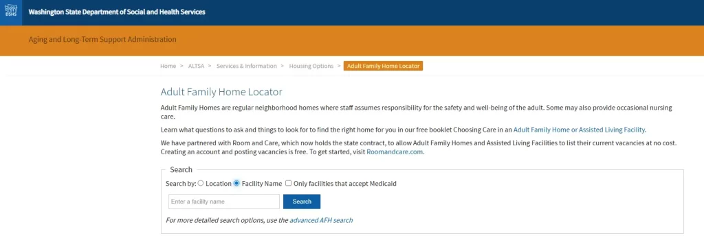 screenshot showing how to verify senior living facility licensing on Washington State Department Official Website
