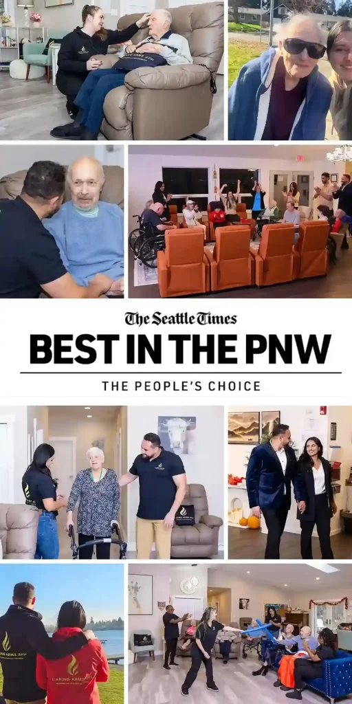 Award-winning assisted living nand memory care facility in Greater Seattle Washington showing caregivers supporting seniors with daily care, social activities, and safe residential environments at Caring Arms Adult Family Homes in Pierce County and Bonney Lake